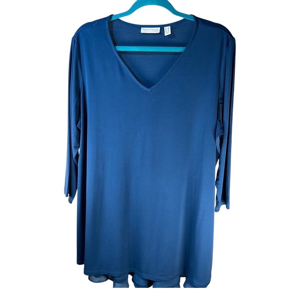 Susan Graver Royal Blue V-Neck Tunic Top‎ Women's Plus 1X Hi-Low Hem Blouse NWOT